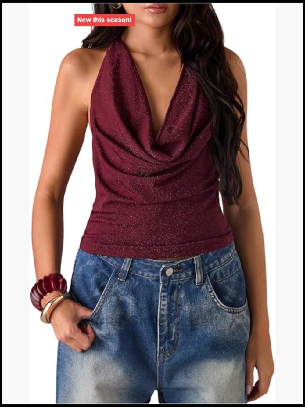 Women's Sparkly Open Back Halter Top Metallic Party Tank Sleeveless